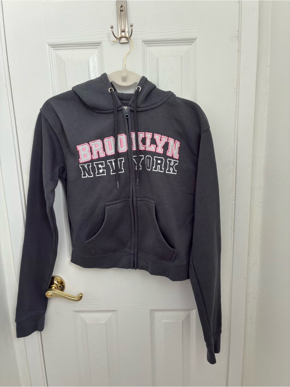Persaya Charcoal Zip-Up Hoodie with Pink & White 'Brooklyn New York' Lettering